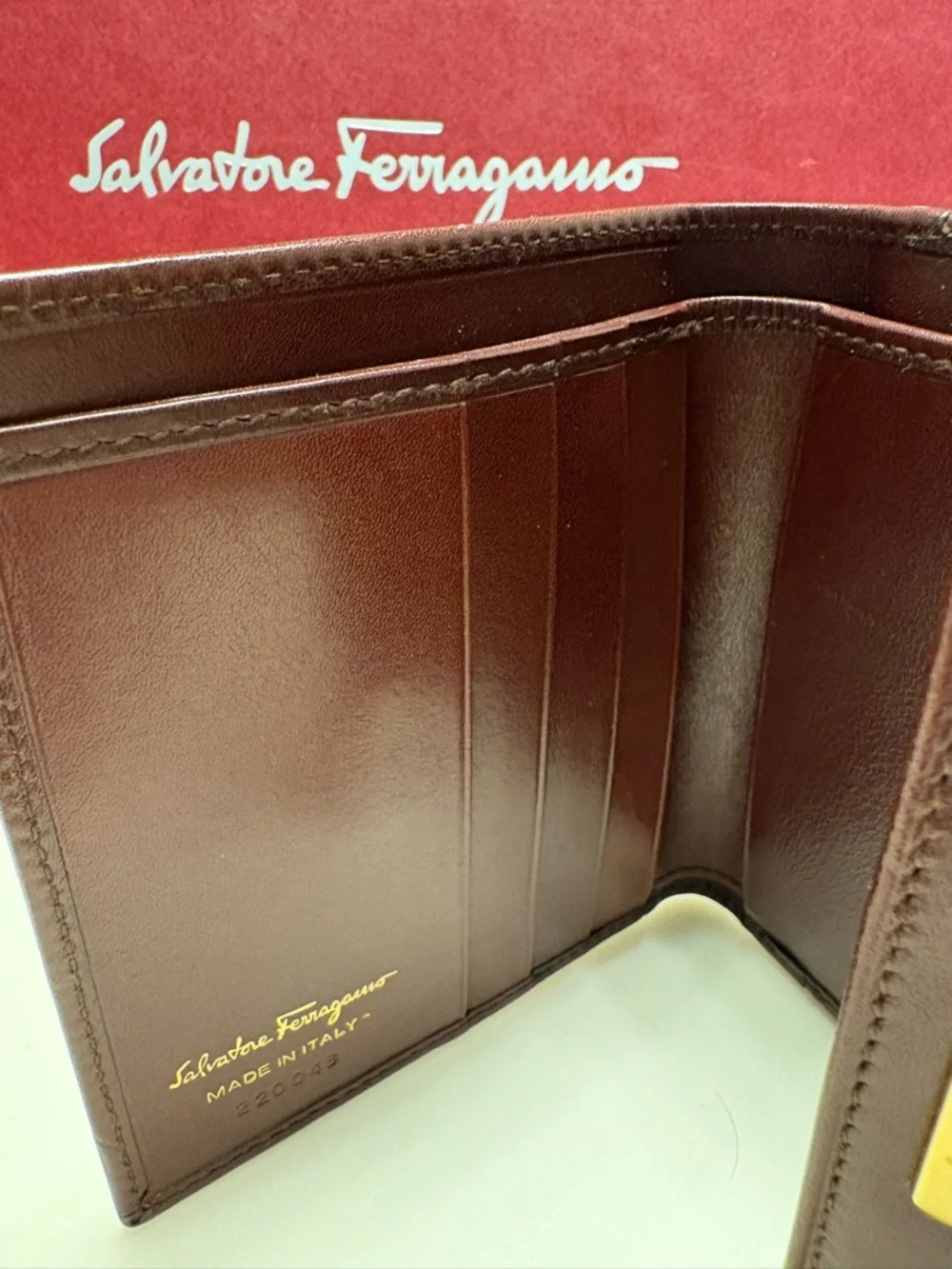 Salvatore Ferragamo Burgundy Leather Wallet Gold Hardware Luxury